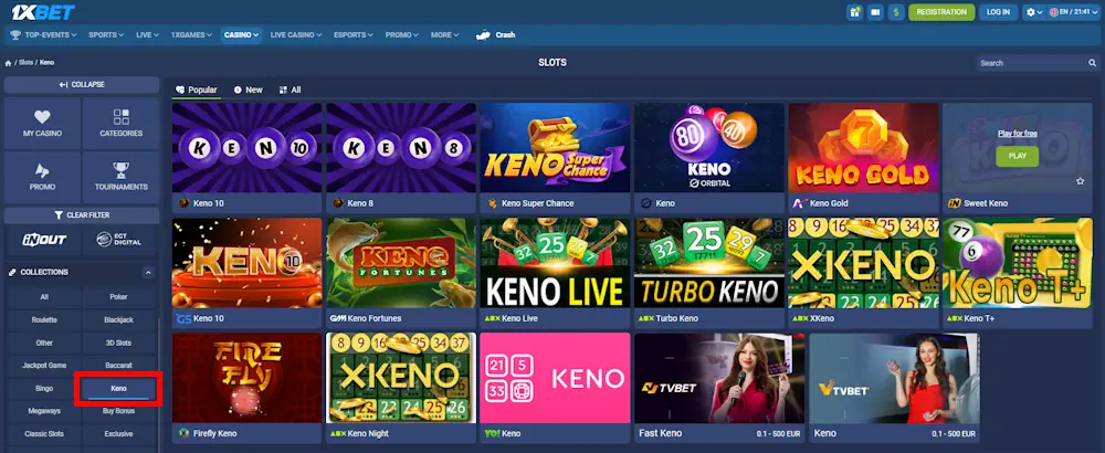 1xBet Keno Games Screenshot